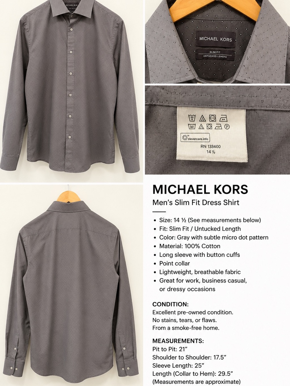 Michael Kors Men’s Slim Fit Untucked Gray Micro Dot Dress Shirt 14 1/2